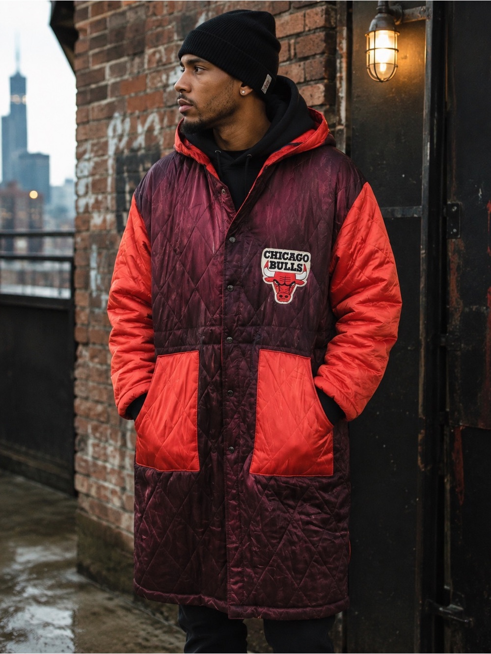 Vintage 90s Chicago Bulls Quilted Long Bench Coat Jacket Parka XL Michael Jordan